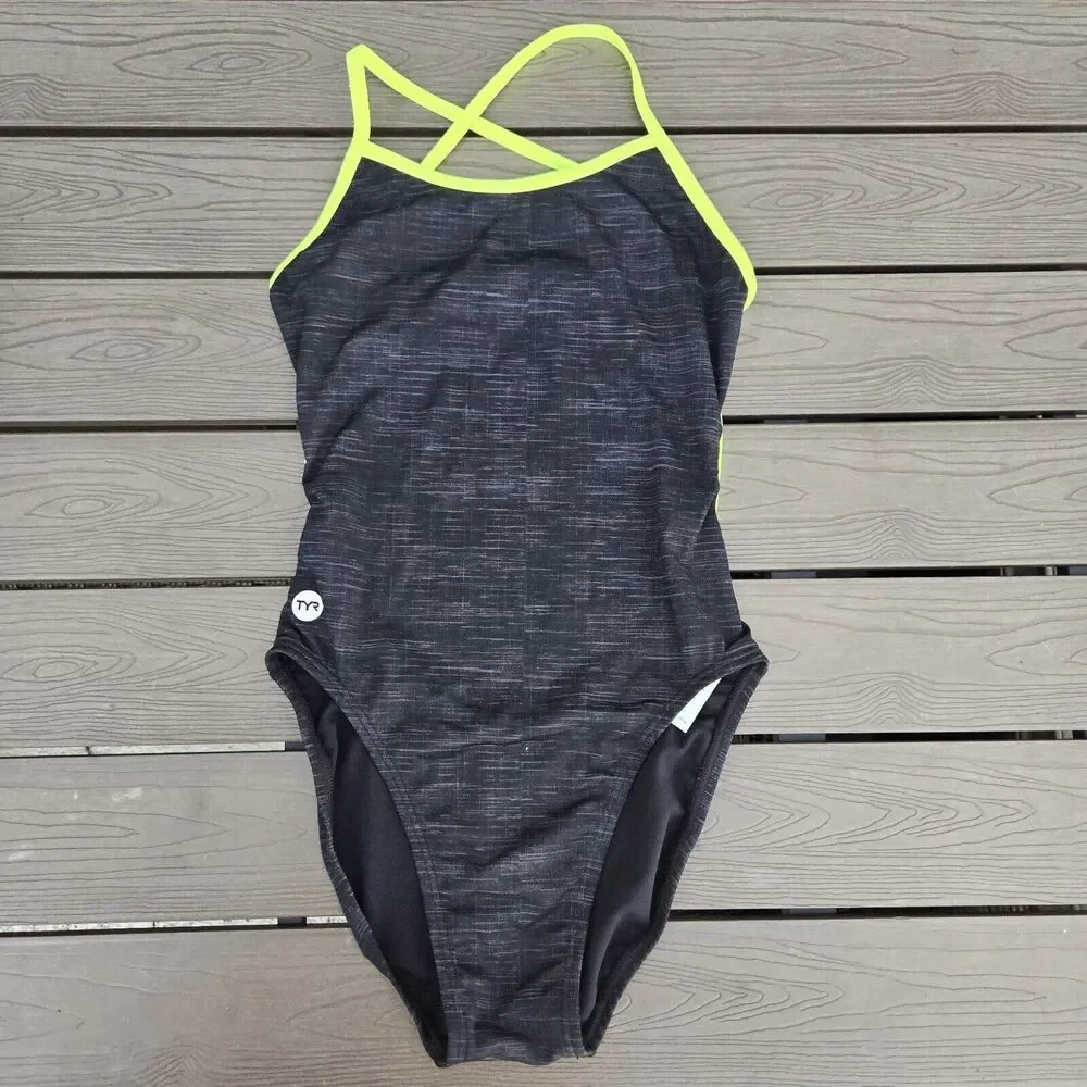 TYR Durafast Women Sandblasted Trinityfit Black/neon Swim SZ 30 New